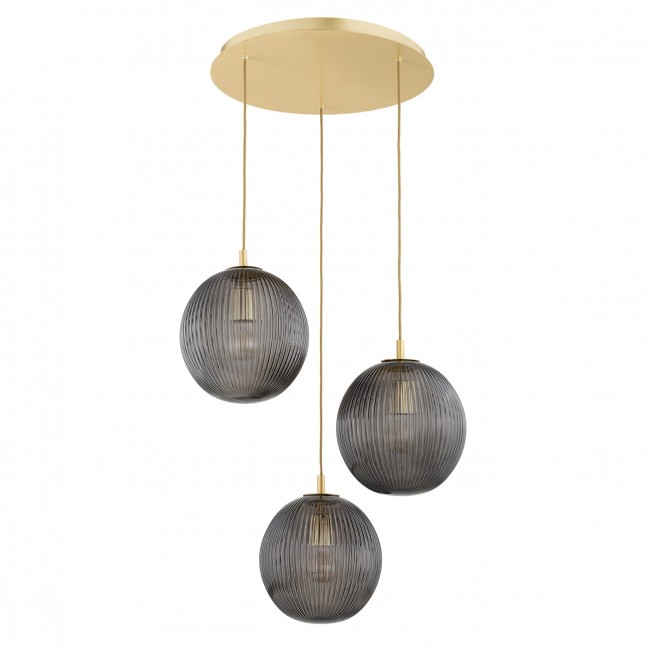 Lampa wisząca Paloma 3 z mosiądzu ze szklanymi dymionymi kloszami