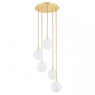 Lampa wisząca kaskadowa Paloma 5 z mosiądzu - białe ryflowane kule