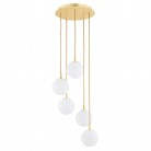 Lampa wisząca kaskadowa Paloma 5 z mosiądzu - białe ryflowane kule