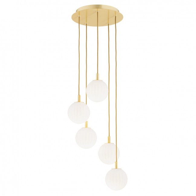 Lampa wisząca kaskadowa Paloma 5 z mosiądzu - białe ryflowane kule