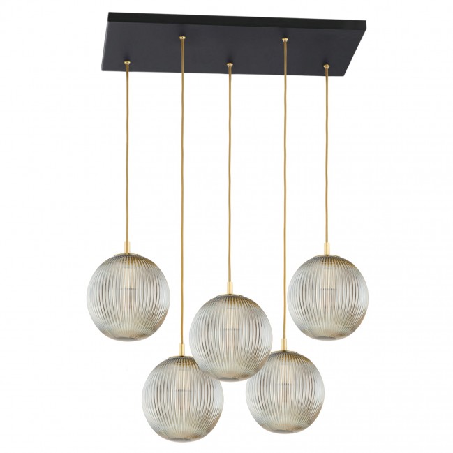 Lampa wisząca Paloma 5 z mosiądzu ze szklanymi szarymi kloszami