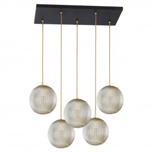 Lampa wisząca Paloma 5 z mosiądzu ze szklanymi szarymi kloszami