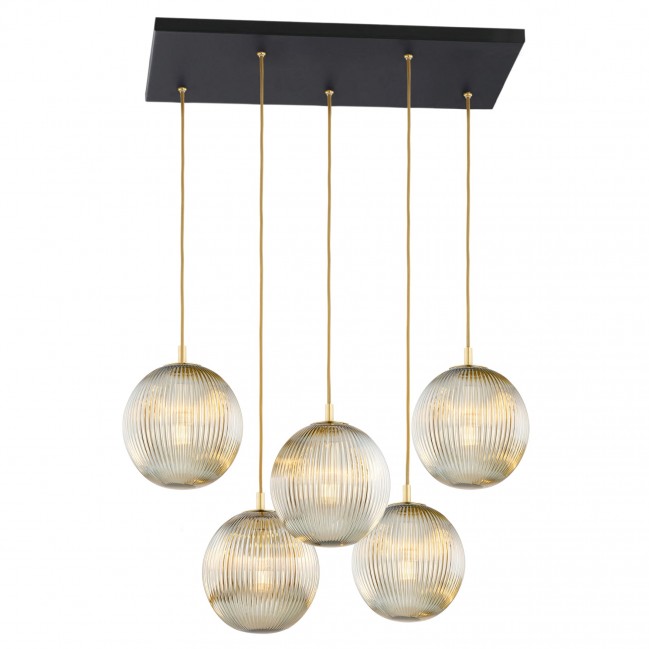 Lampa wisząca Paloma 5 z mosiądzu ze szklanymi szarymi kloszami