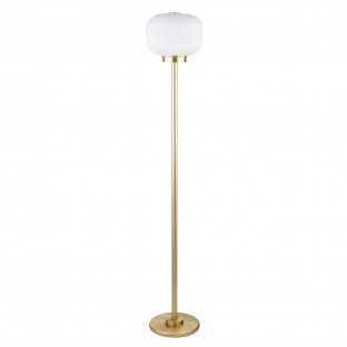 Lampa podłogowa Alba z mosiądzu w kolorze złotym z kloszem z białego ryflowanego szkła