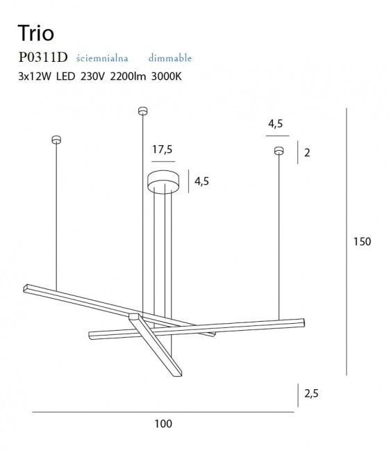Lampa wisząca Trio 3 Led czarna 3000K - ściemnialna