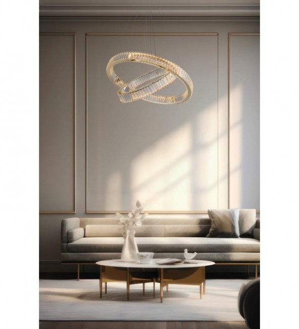 Kryształowa lampa wisząca Spark 60+80 Led w kolorze złotym - ściemnialna