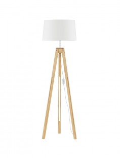 Lampa podłogowa Le Roy na drewnianym trójnogu z białym abażurem