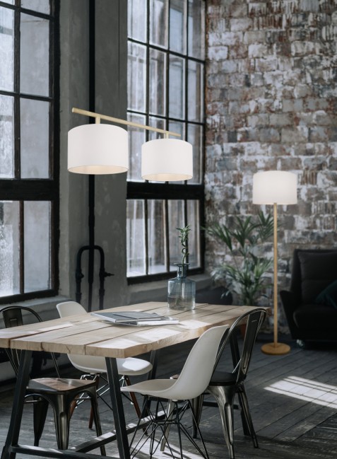 Drewniana lampa podłogowa Korba z białym abażurem