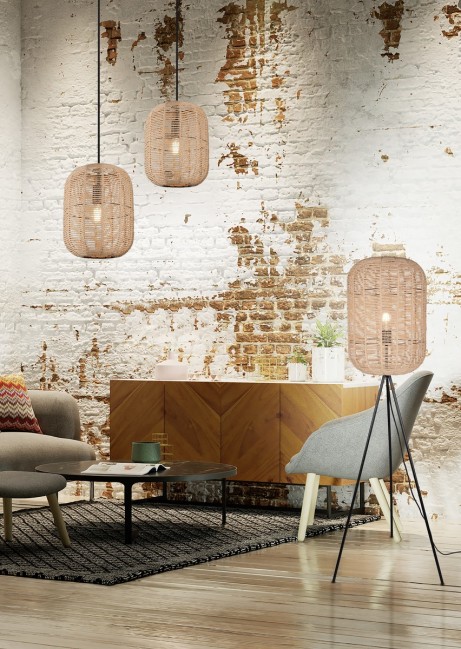 Lampa podłogowa Runa na trójnogu z kloszem z sizalu