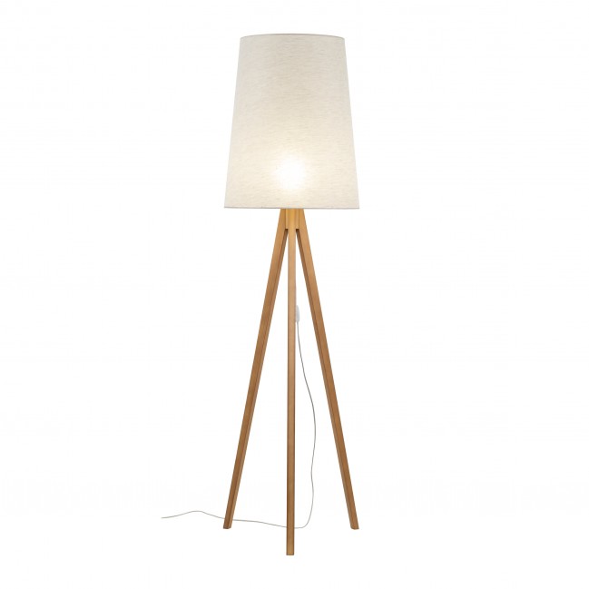 Lampa podłogowa Walz na drewnianym trójnogu z lnianym abażurem