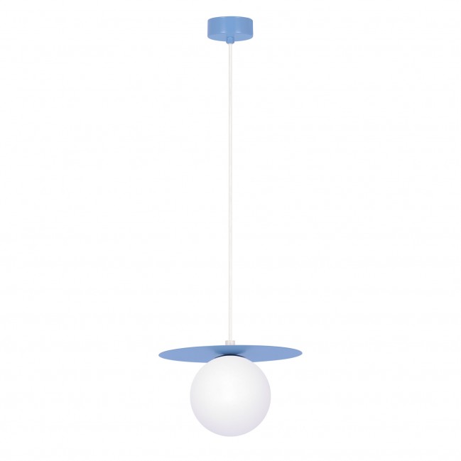 Lampa wisząca Robin niebieska ze szklanym kloszem w kolorze białym