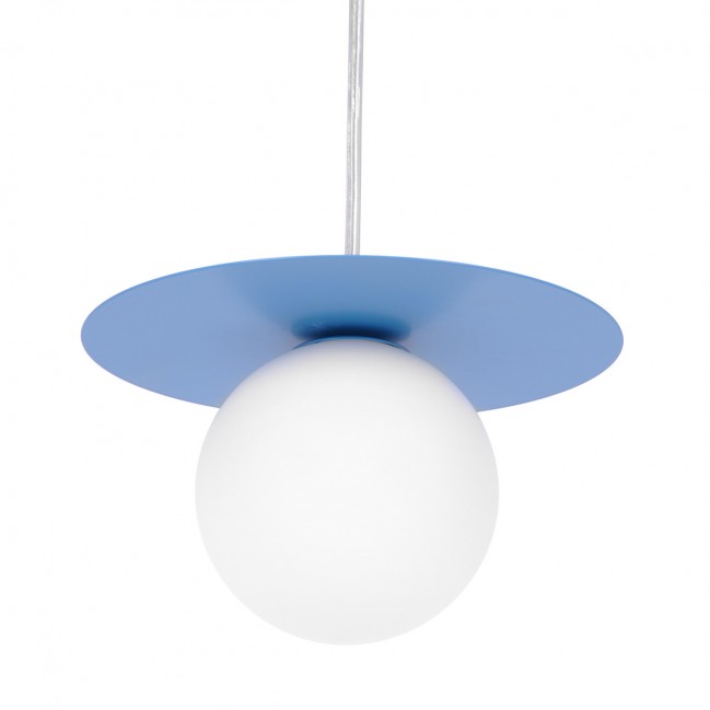 Lampa wisząca Robin niebieska ze szklanym kloszem w kolorze białym