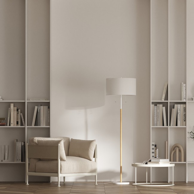 Lampa podłogowa Fogo drewniana z białym abażurem