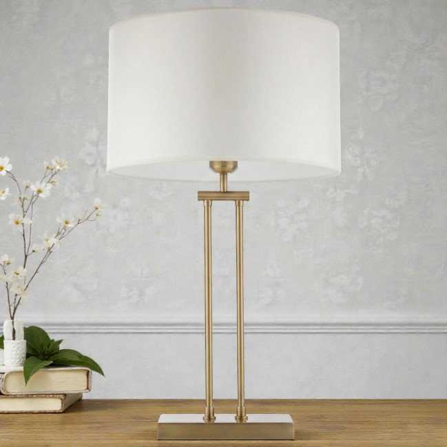 Lampa stołowa Athens w kolorze mosiądz szczotkowany z białym abażurem
