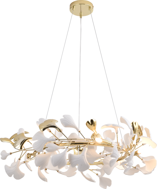 Lampa wisząca Leaf w kolorze złoty połysk z listkami z białej ceramiki